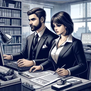 DALL·E 2024-04-15 17.00.02 - An illustration of two criminologists in an office setting, mirroring the exact features and details of the last image. The man has a beard and is dre
